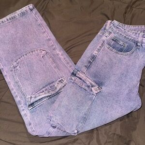 Purple acid wash high waisted wide leg cargos jeans